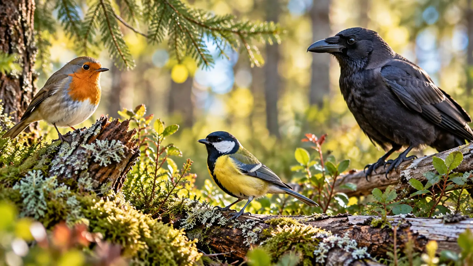 A European robin, a great tit and a crow in a forest